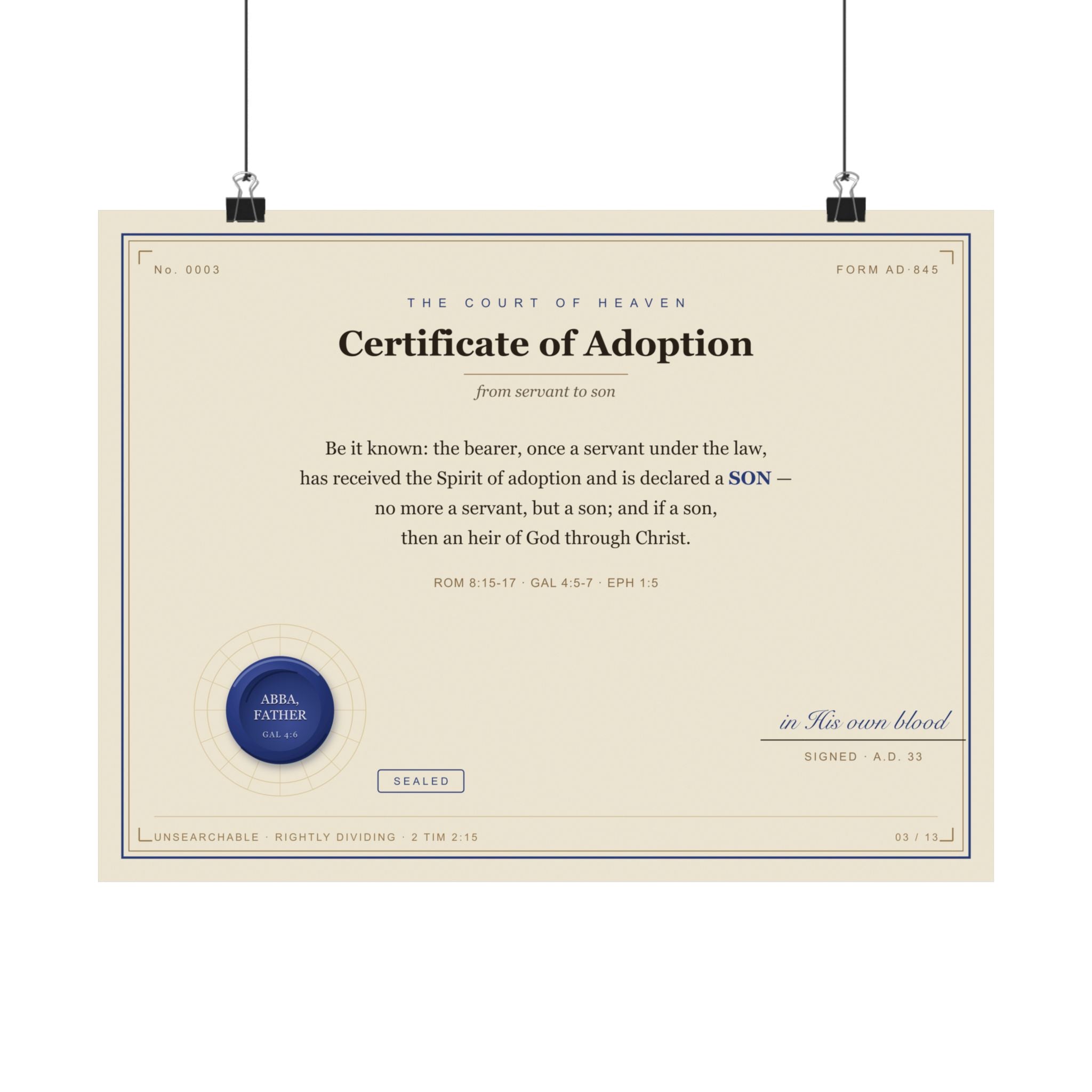 Adoption — Court of Heaven Poster (Sonship, Gal 4:7)