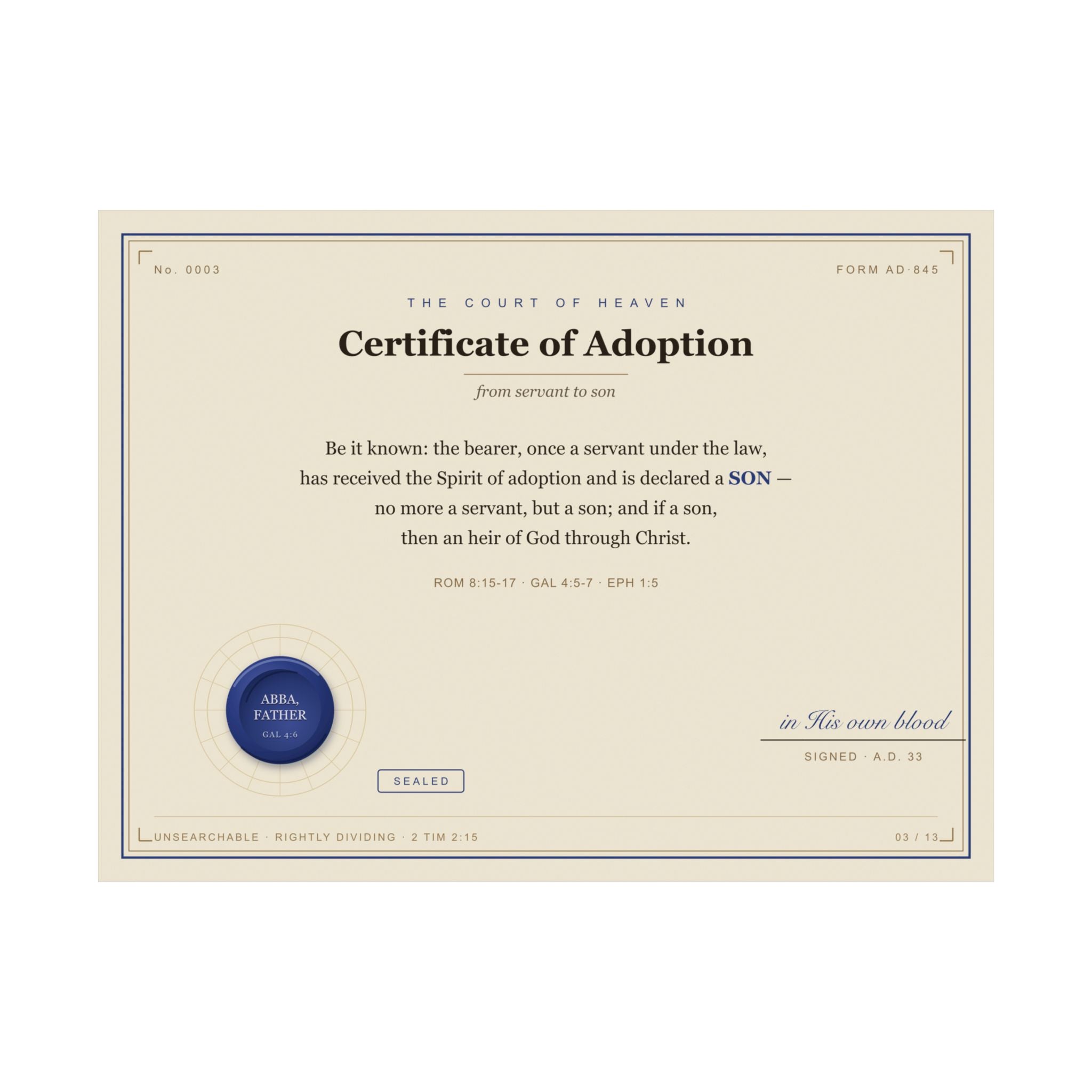 Adoption — Court of Heaven Poster (Sonship, Gal 4:7)