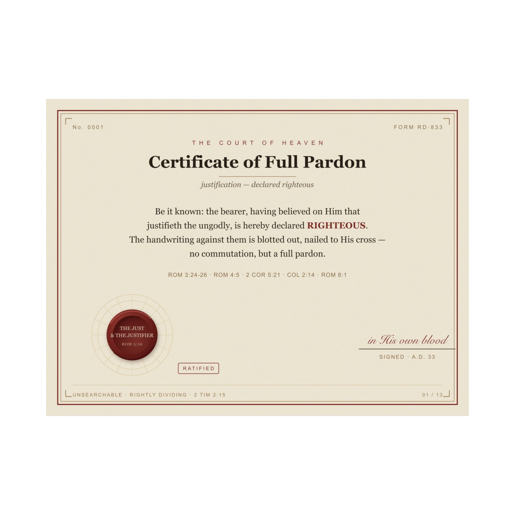 Full Pardon — Court of Heaven Poster (Justification, Rom 8:1)