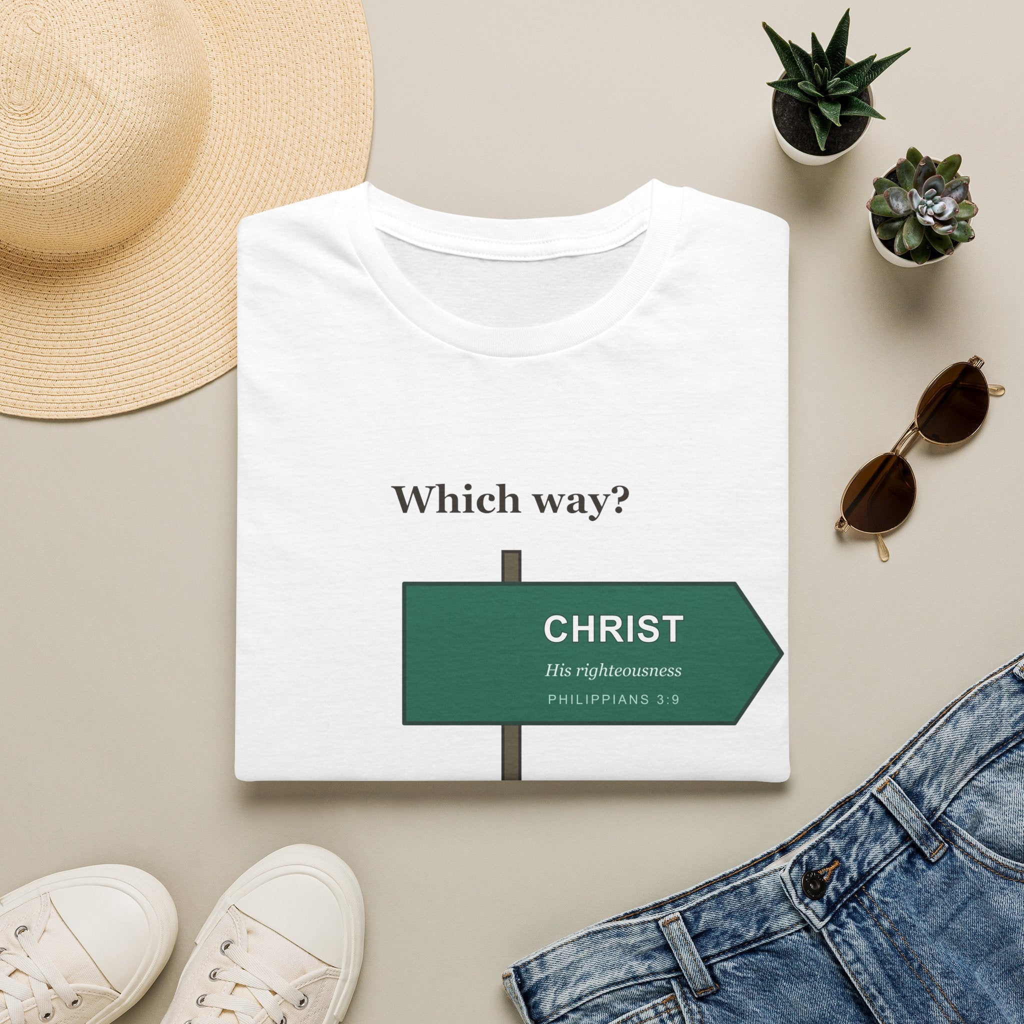 Which Way? Fork Sign Tee — CHRIST or SELF (Rom 10:3)