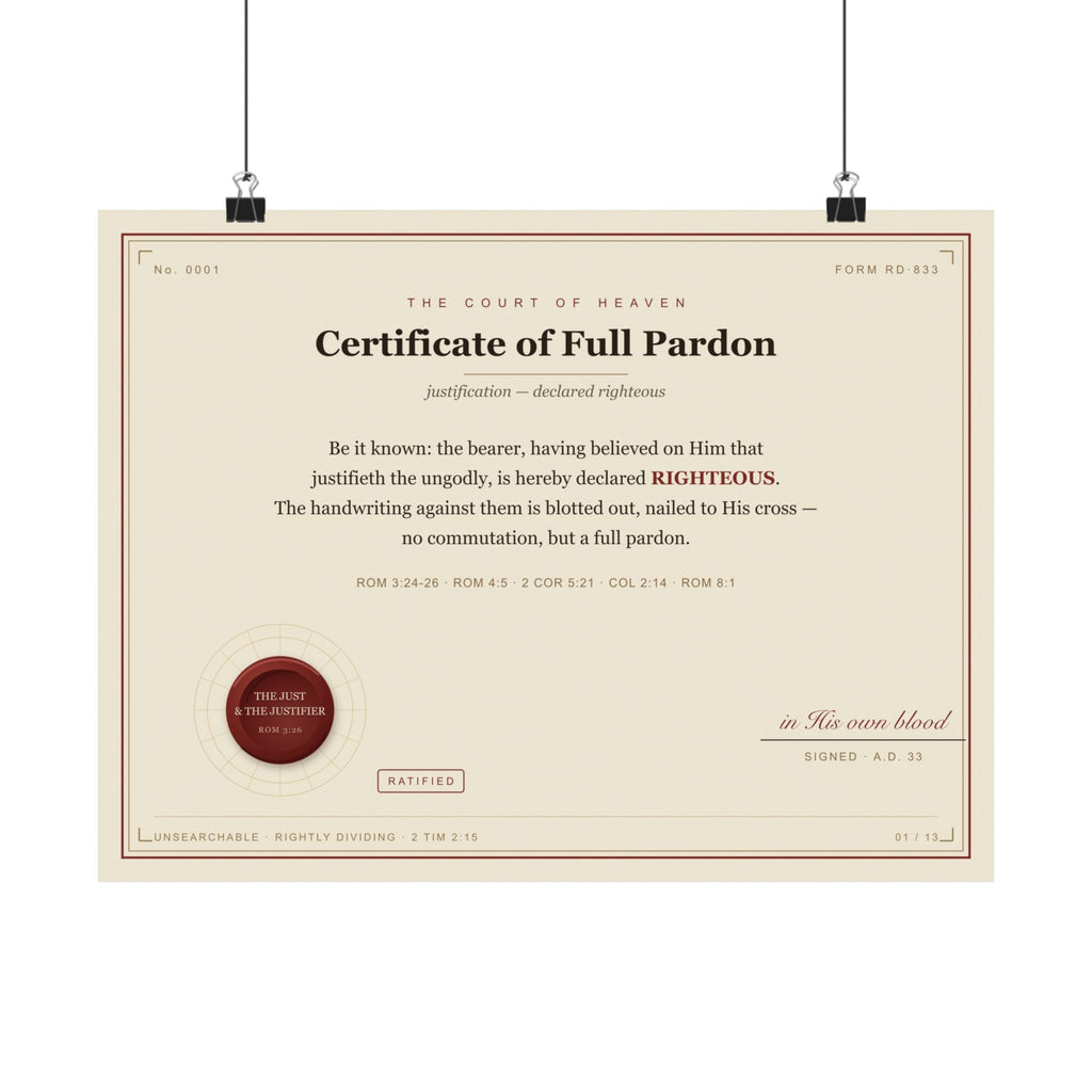 Full Pardon — Court of Heaven Poster (Justification, Rom 8:1)