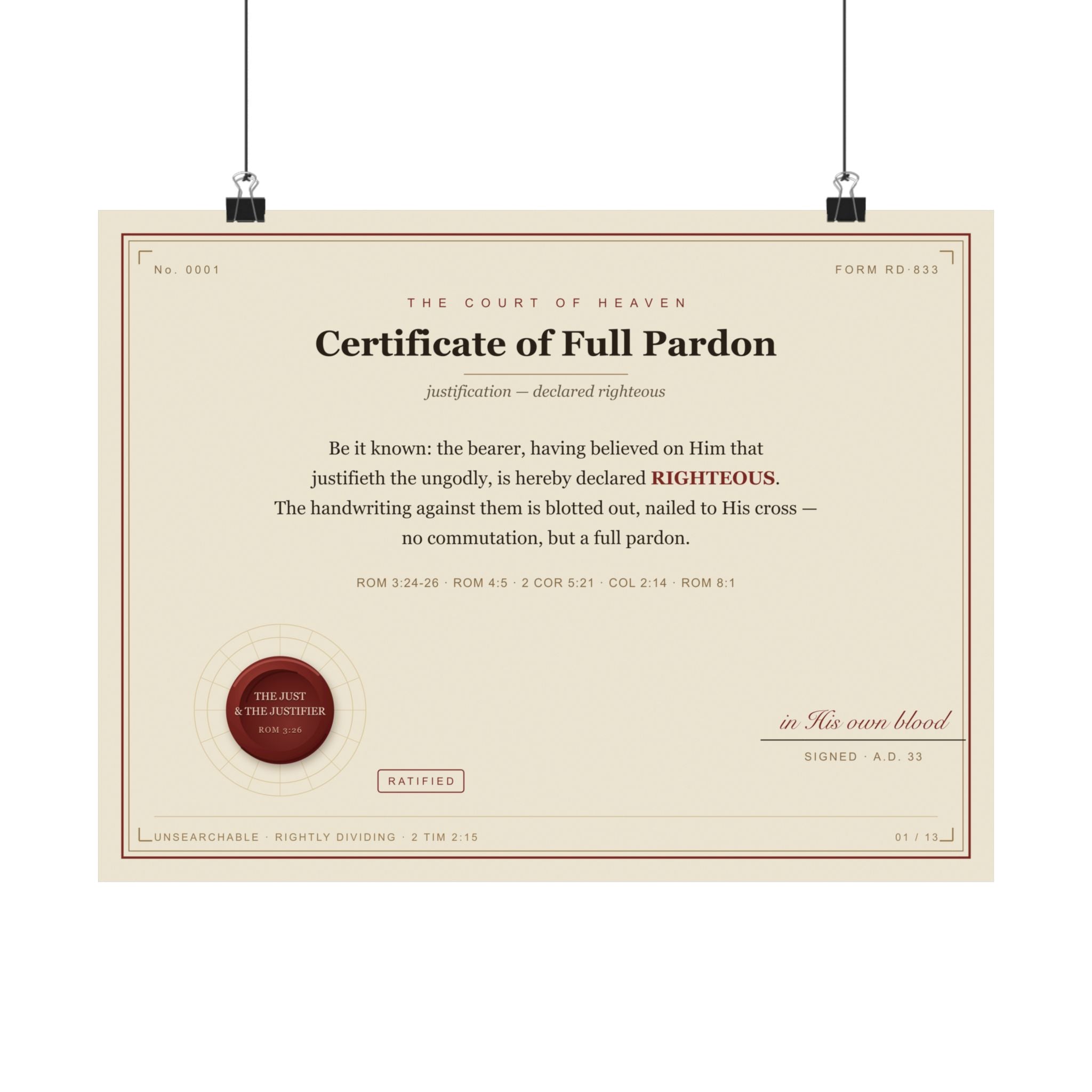 Full Pardon — Court of Heaven Poster (Justification, Rom 8:1)