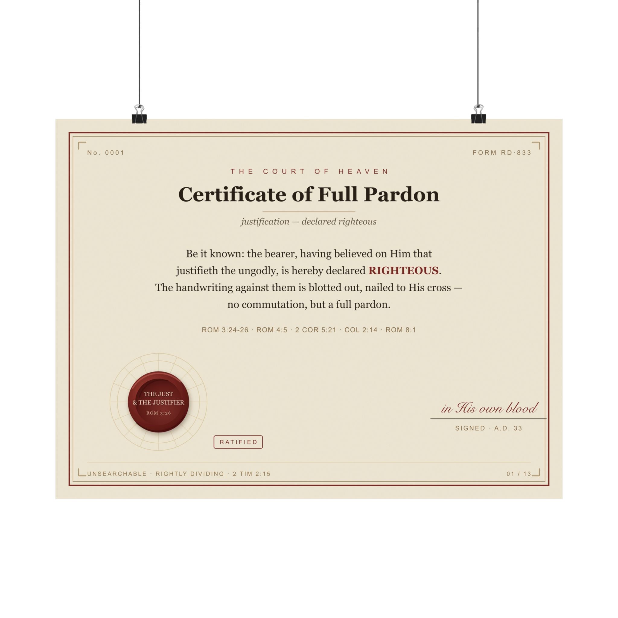Full Pardon — Court of Heaven Poster (Justification, Rom 8:1)