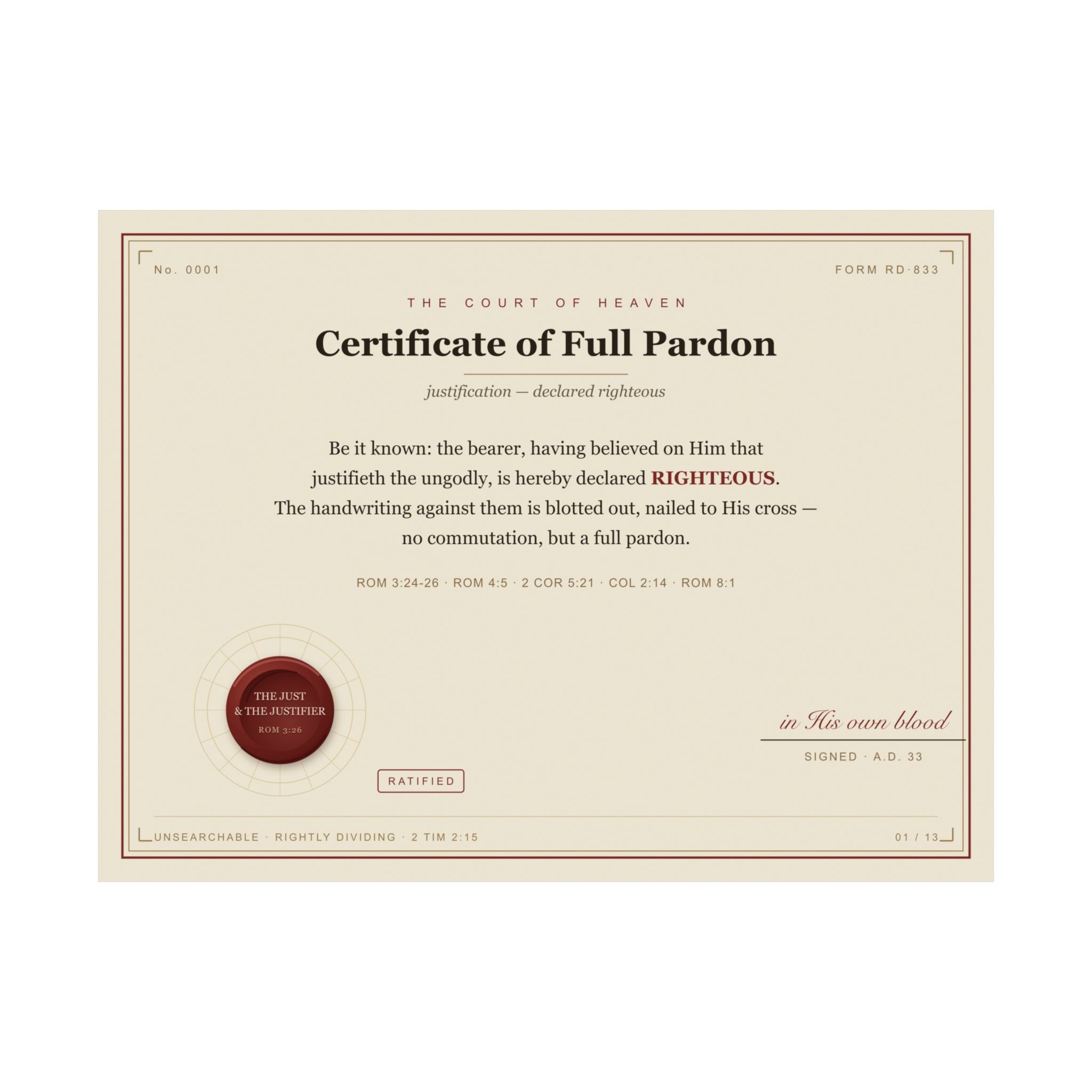 Full Pardon — Court of Heaven Poster (Justification, Rom 8:1)